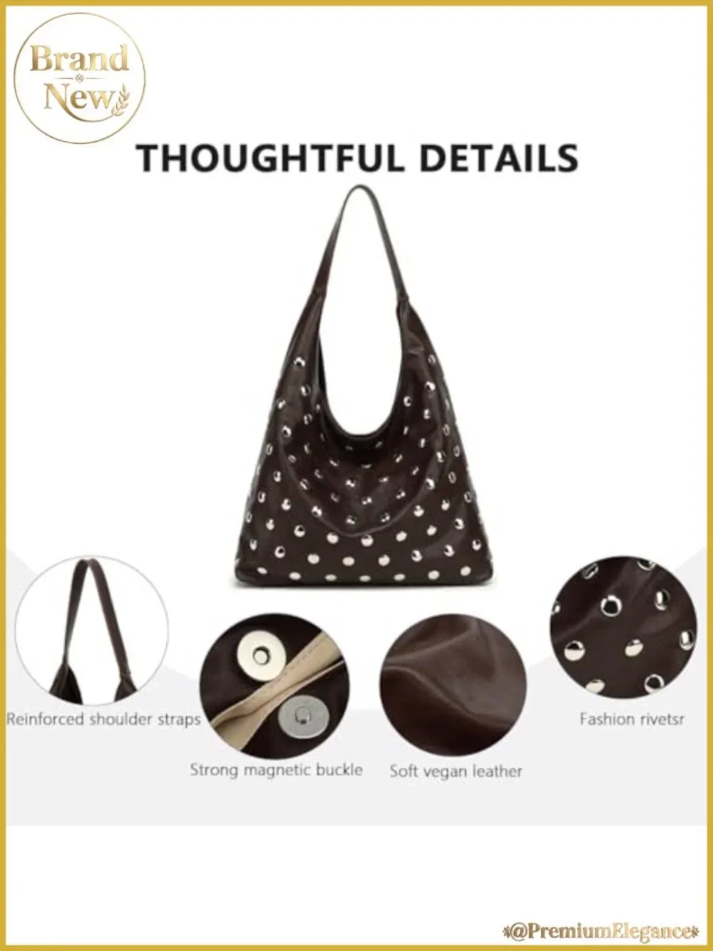 Studded Vegan Leather Hobo Bag Soft Slouchy Tote Shoulder Purse